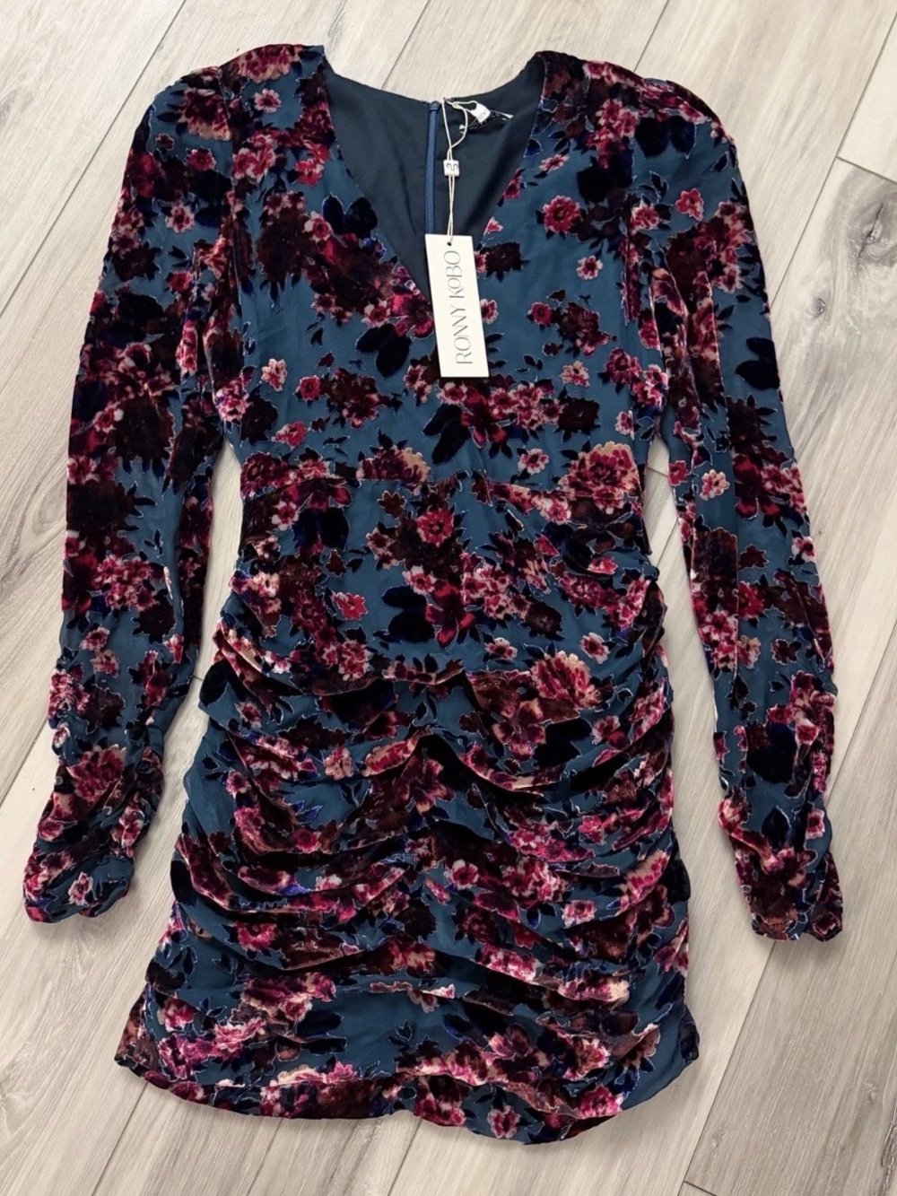 NWT Ronny Kobo Silk Blend Floral Velvet Burnout Ruched Mini Ellice Dress Size S